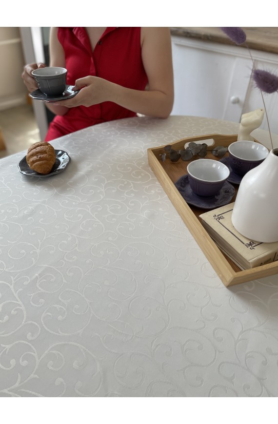 Tablecloth with lace Jacguard 3-931 white from polish water-repellent fabric, plain