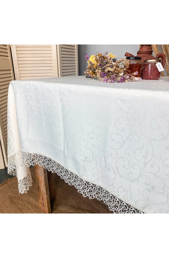 Tablecloth with lace Jacguard 3-931 white from polish water-repellent fabric, plain